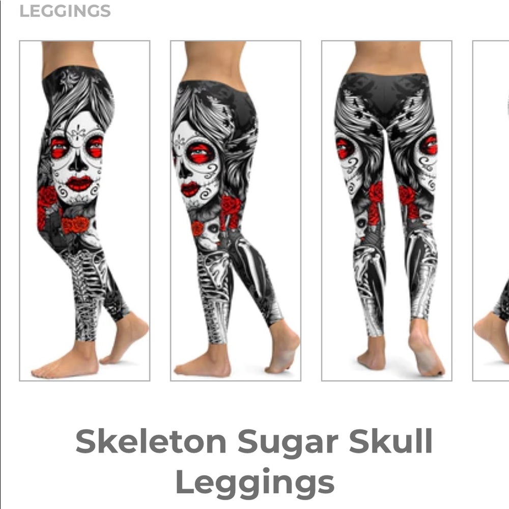 GEARBUNCH Women’s Skeleton Sugar Skull Printed Athletic Leggings Black Red Sz S
